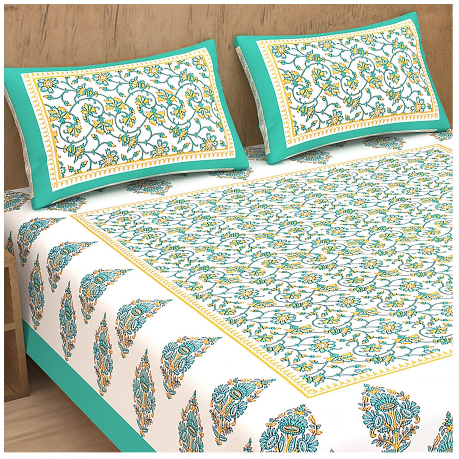 Pure Cotton Double Bedsheet With Pillow Covers - Green - front_view