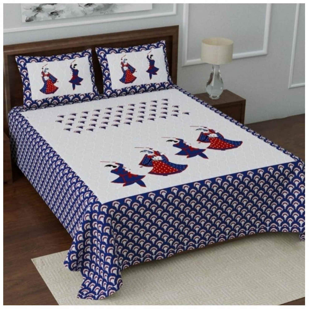Cotton Double Bedsheet With Pillow Covers Jaipuri Print - Blue - photo