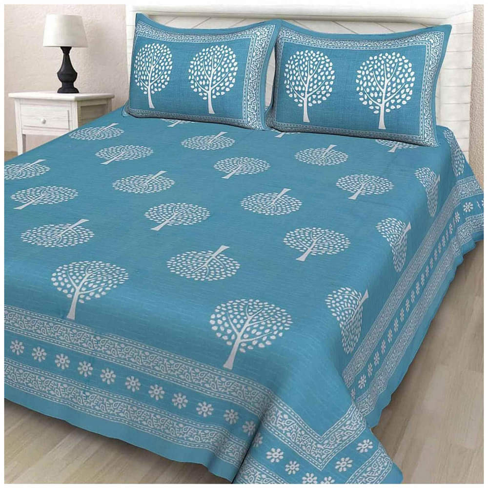 Cotton Double Bedsheet With Pillow Covers Jaipuri Print - Blue - photo