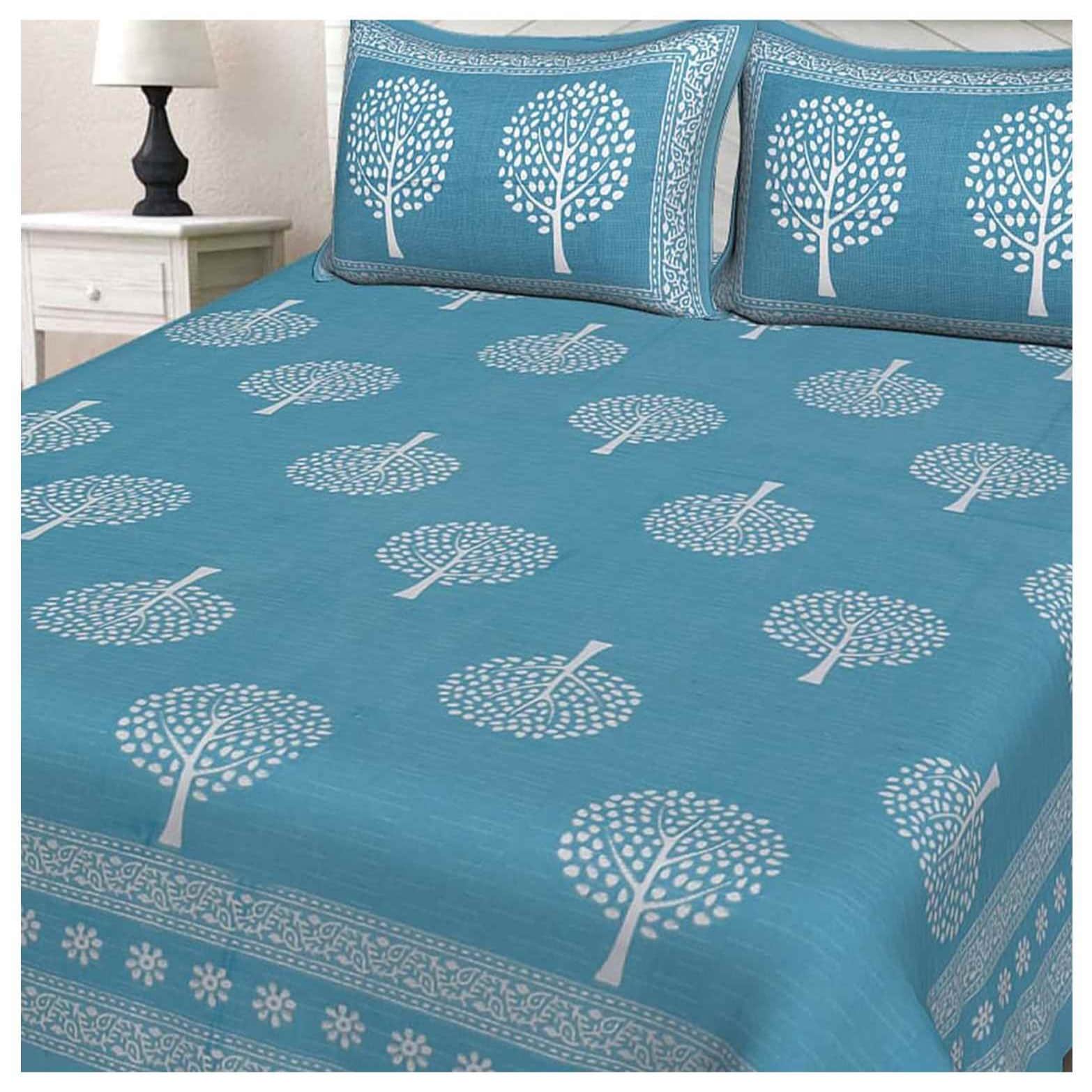 Cotton Double Bedsheet With Pillow Covers Jaipuri Print - Blue - front_view
