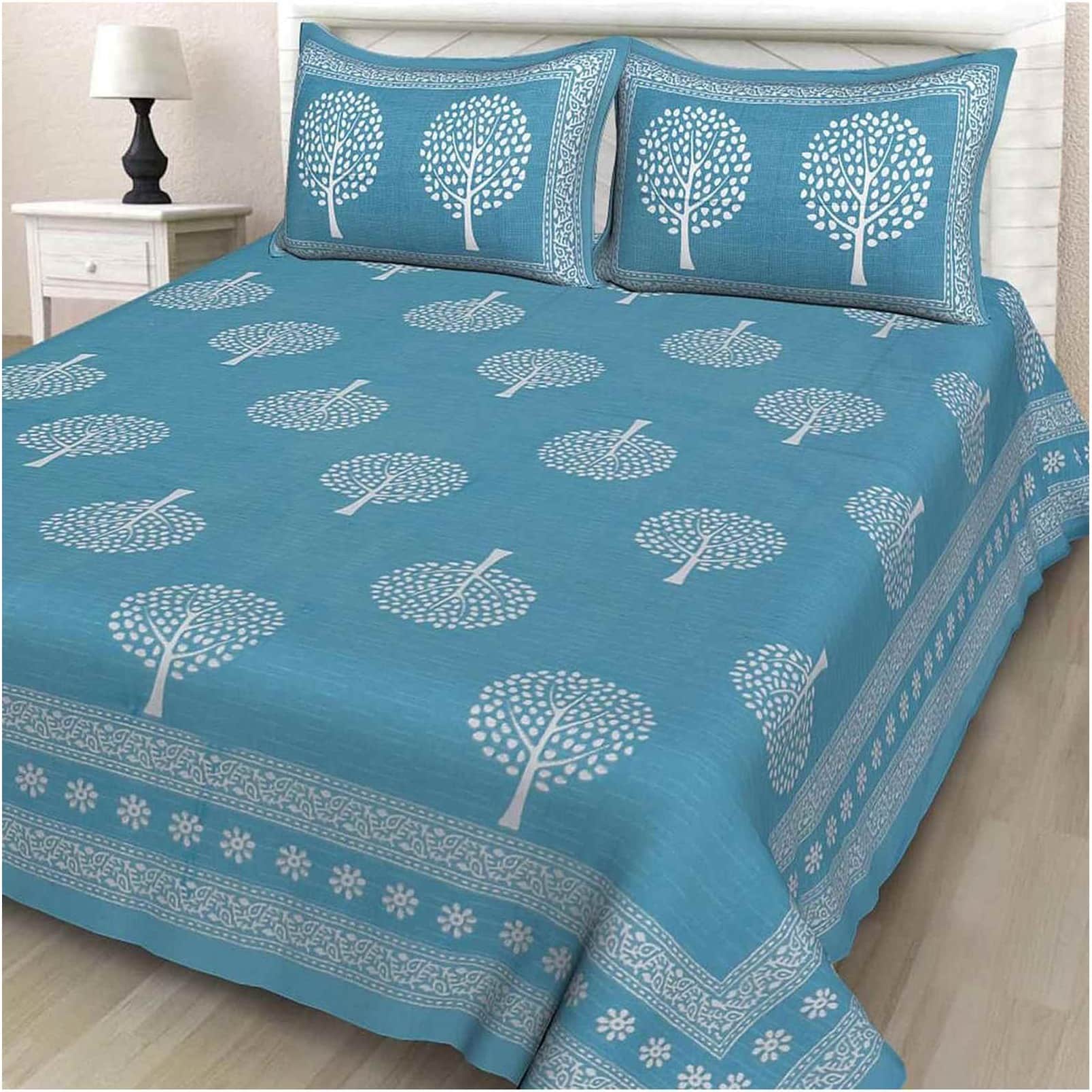 Cotton Double Bedsheet With Pillow Covers Jaipuri Print - Blue - top_view