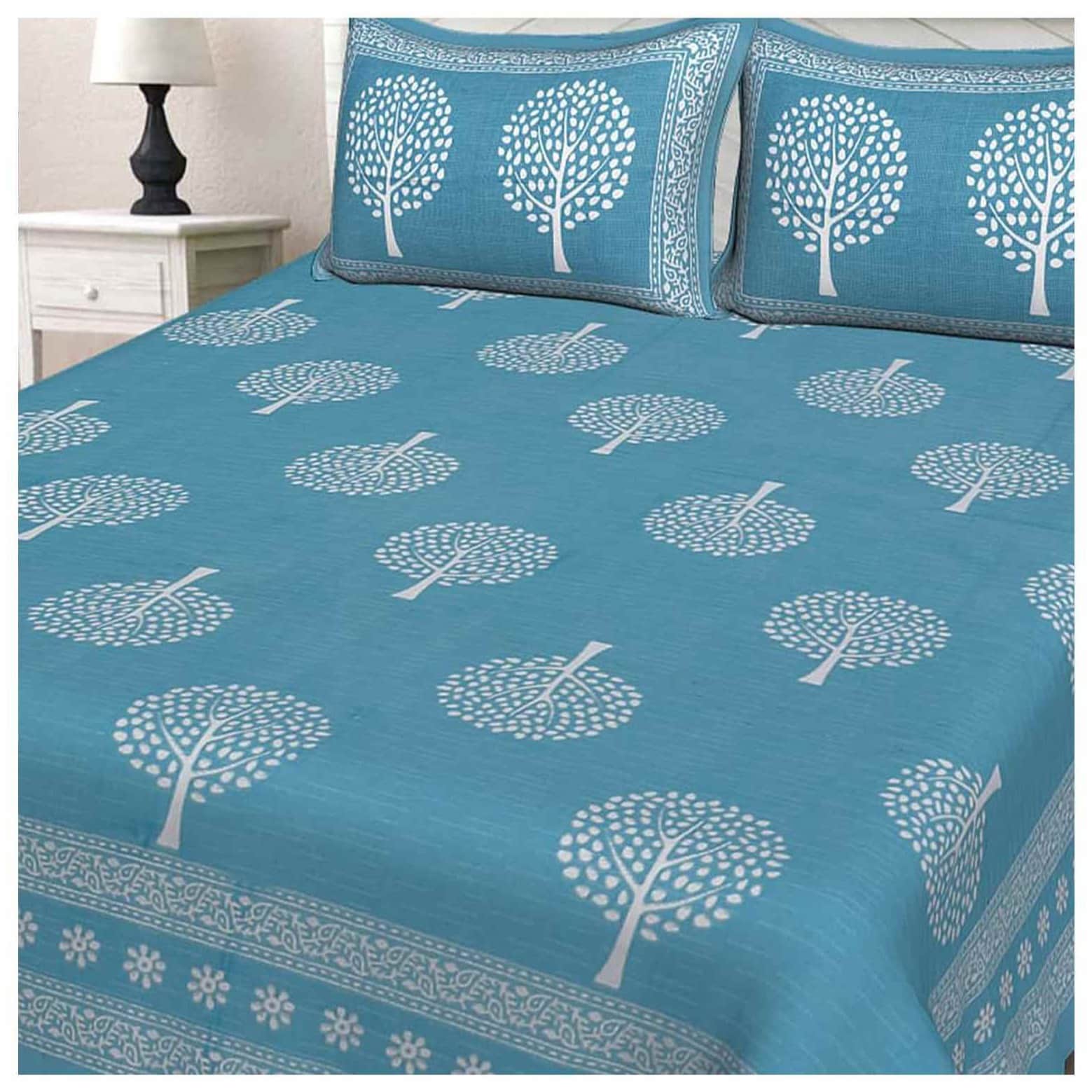 Cotton Double Bedsheet With Pillow Covers Jaipuri Print - Blue - rear_view