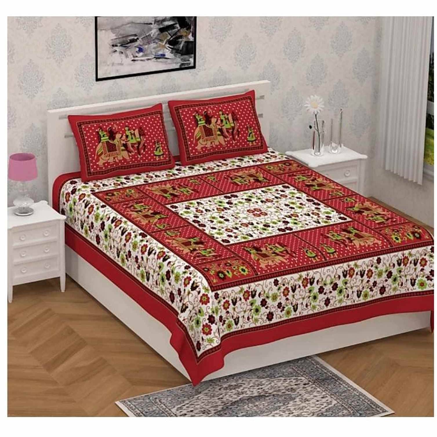 Cotton Double Bedsheet With Pillow Covers Jaipuri Print - Red