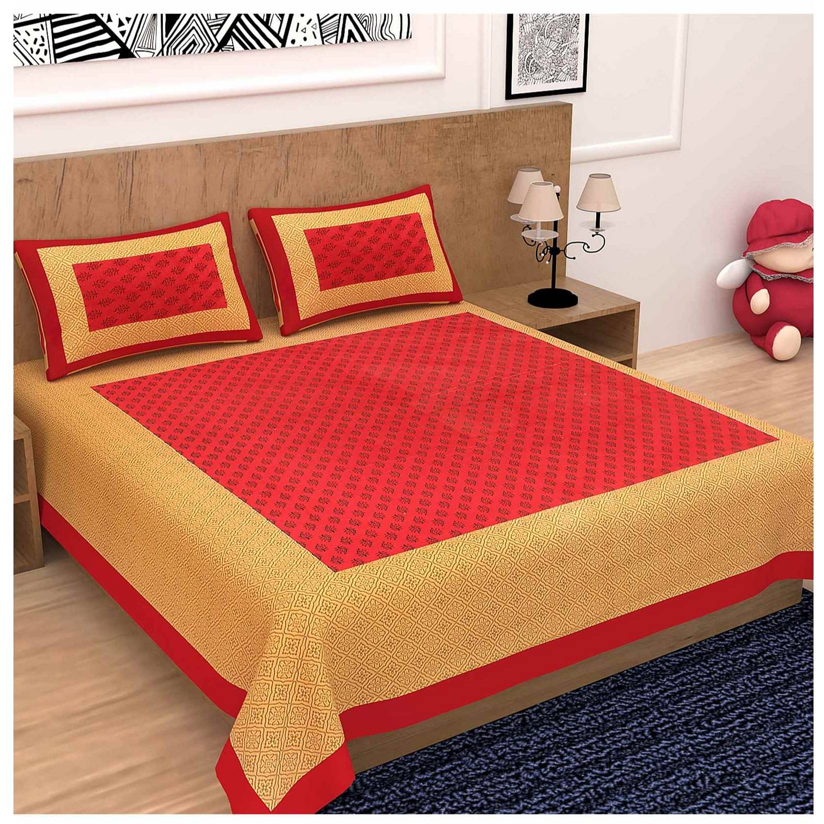 Pure Cotton Double Bedsheet with Pillow Covers - Red