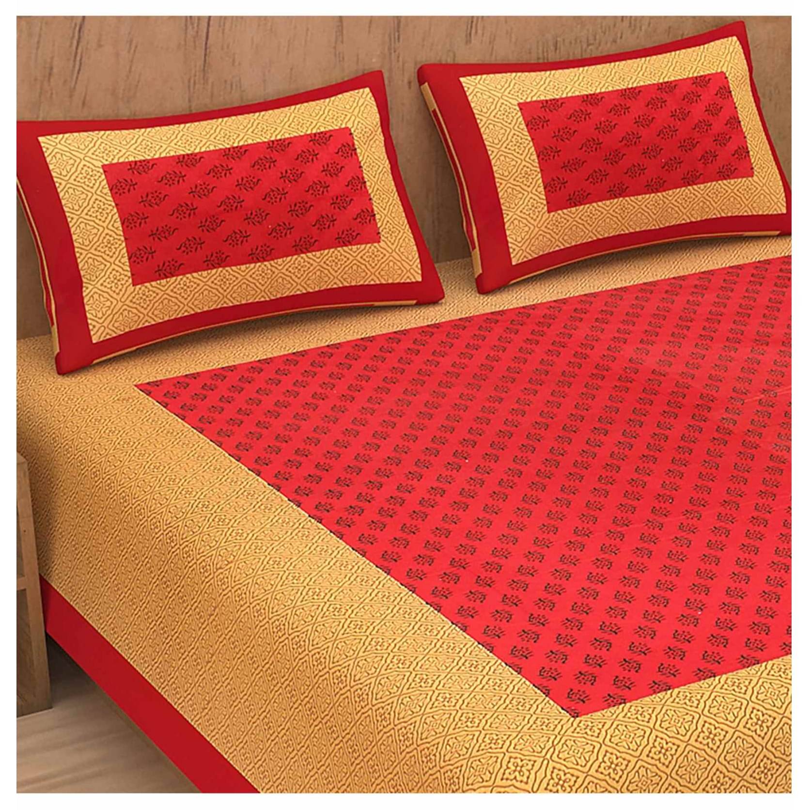 Pure Cotton Double Bedsheet with Pillow Covers - Red