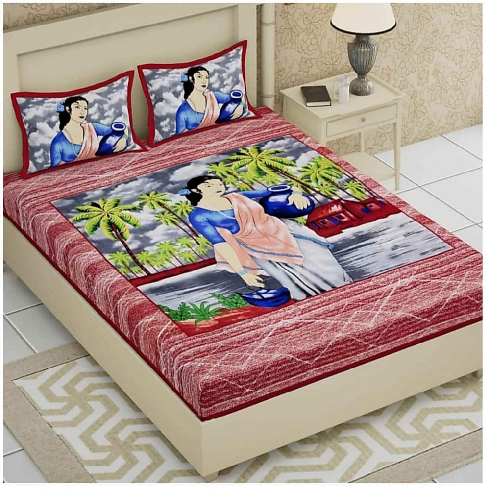 Cotton Double Bedsheet With Pillow Covers Jaipuri Print - Marron - photo