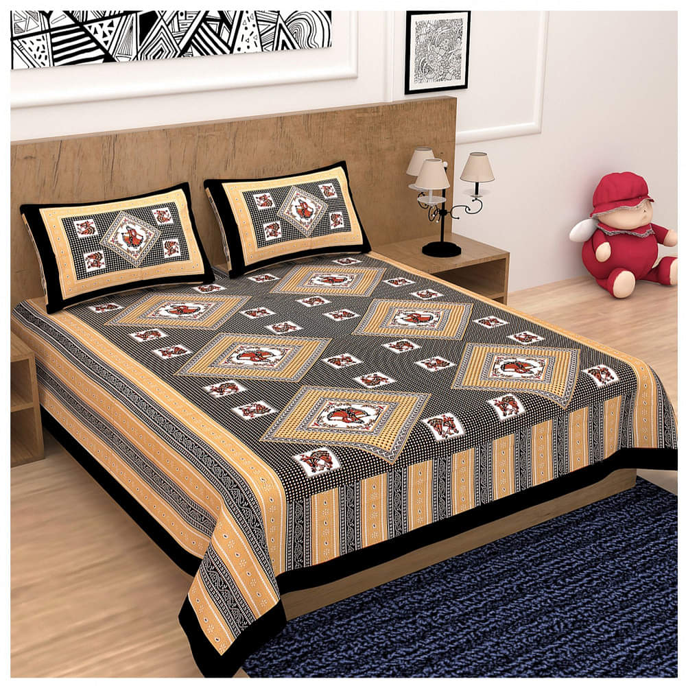 Cotton Double Bedsheet With Pillow Covers Jaipuri Print - Black - photo