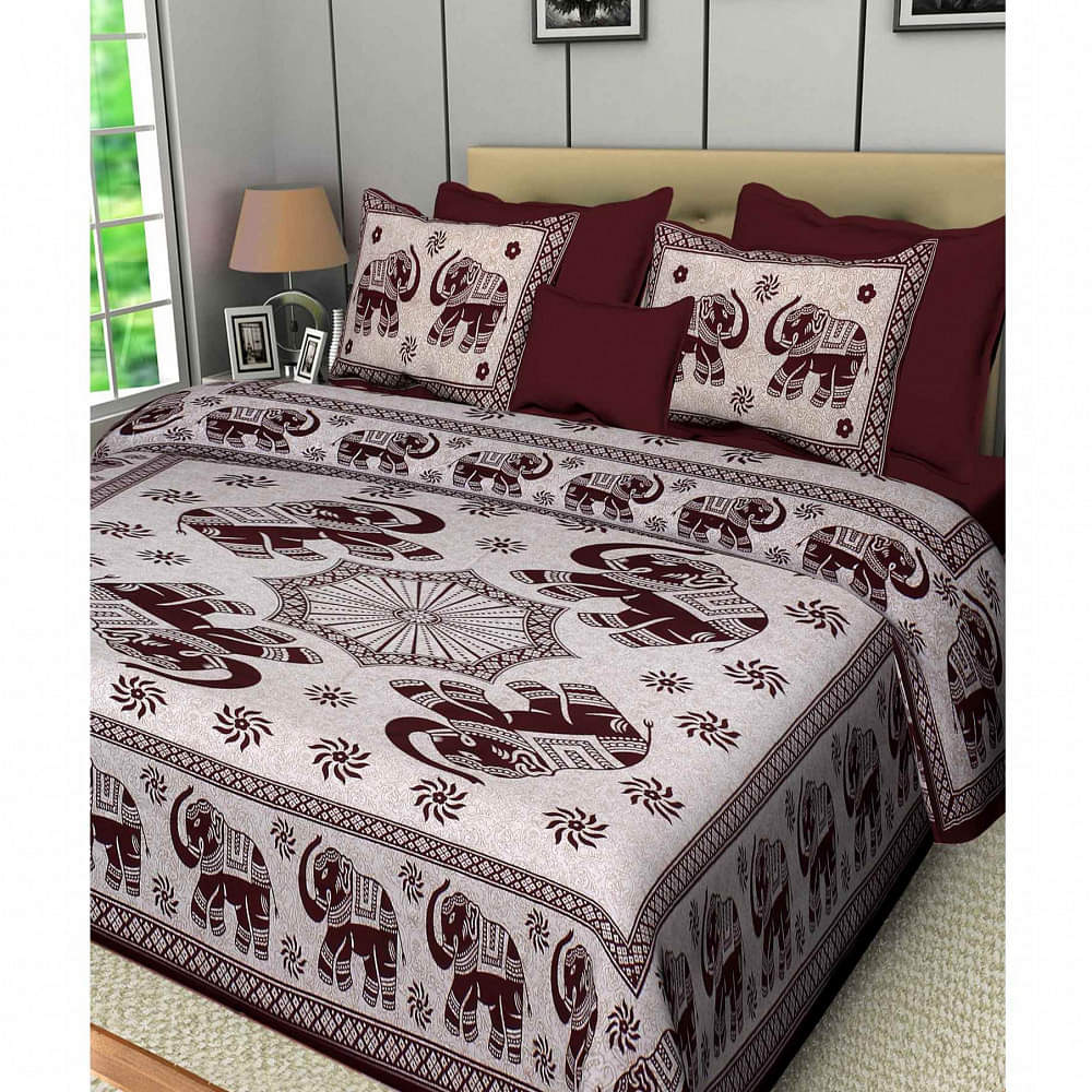 Cotton Double Bedsheet With Pillow Covers Jaipuri Print - Maroon - photo