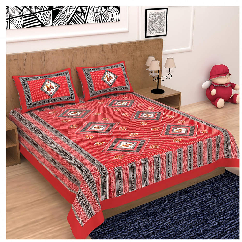 Cotton Double Bedsheet With Pillow Covers Jaipuri Print - Red - photo