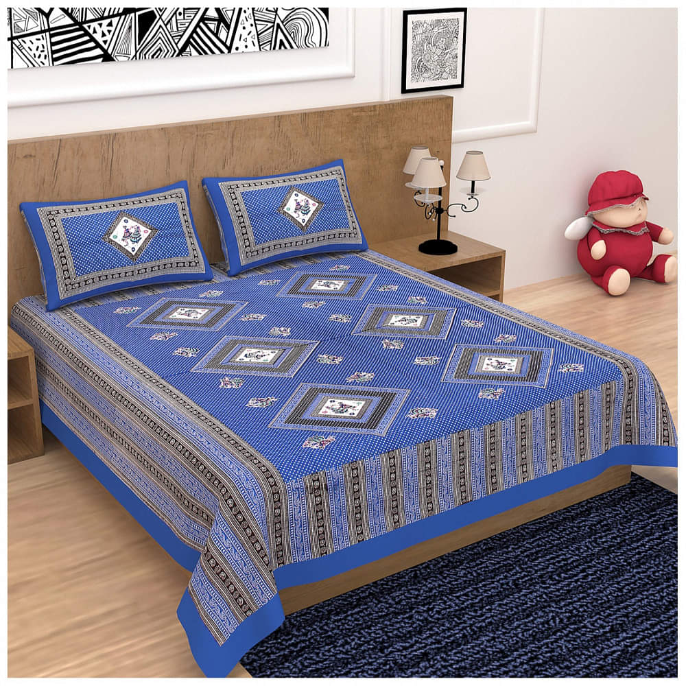 Cotton Double Bedsheet With Pillow Covers Jaipuri Print - Blue - photo