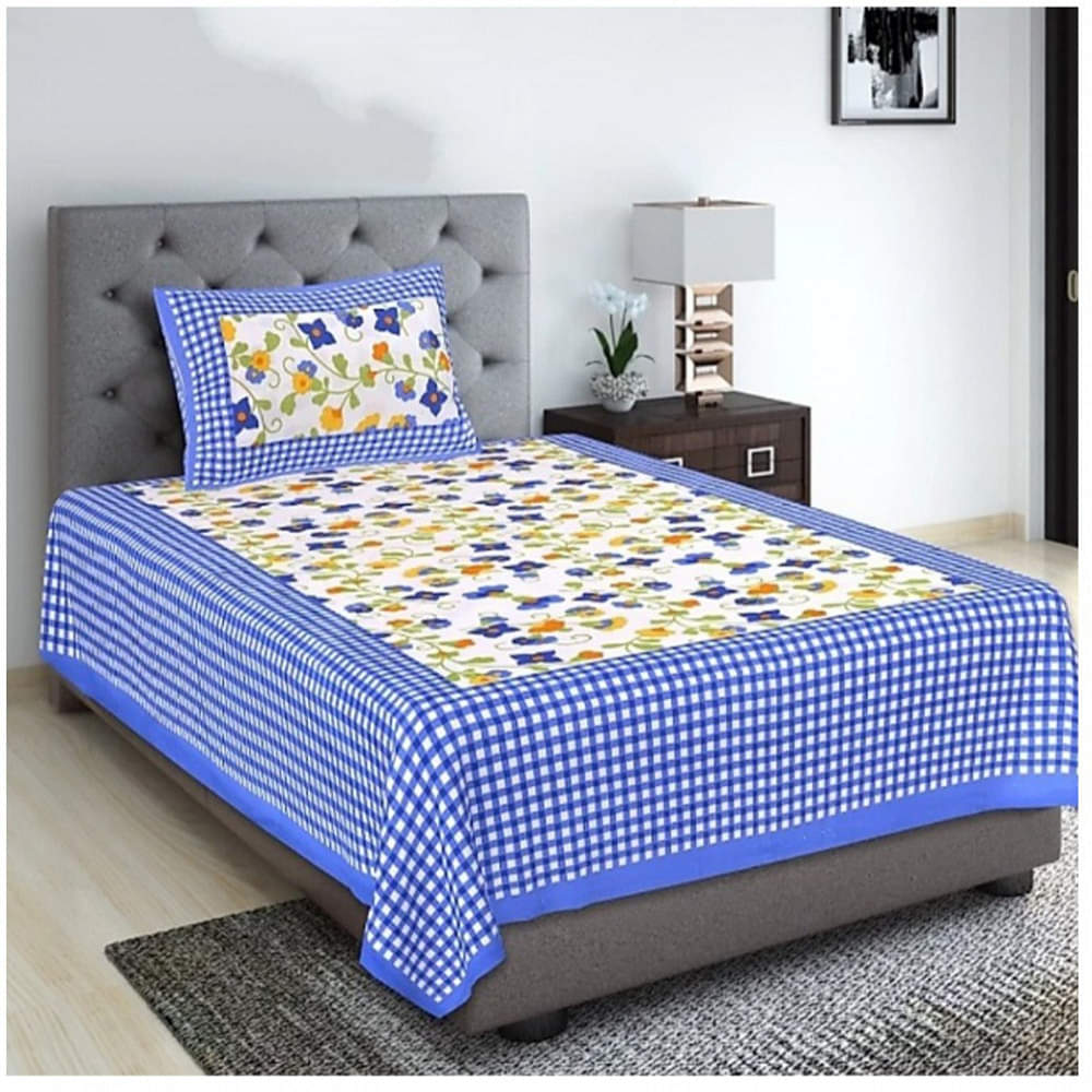 Pure Cotton Single Bedsheet With Pillow Cover - Blue - photo