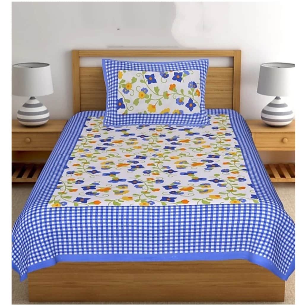 Pure Cotton Single Bedsheet With Pillow Cover - Blue - front_view