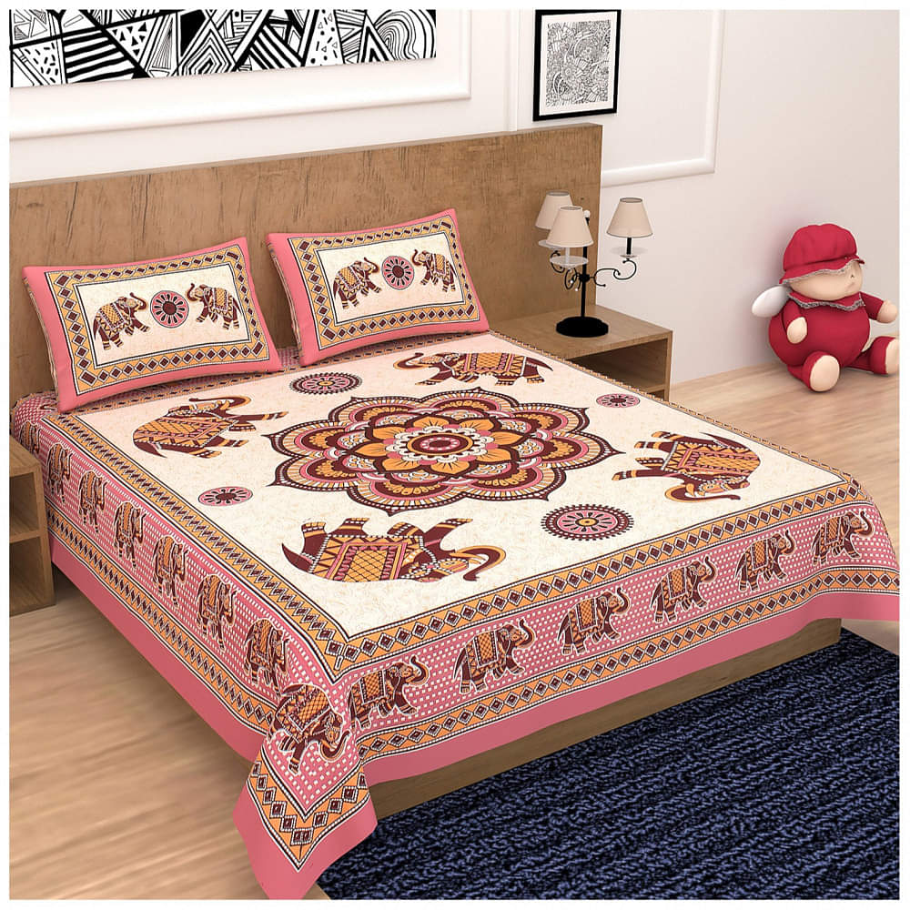 Cotton Double Bedsheet With Pillow Covers Jaipuri Print - Peach - photo