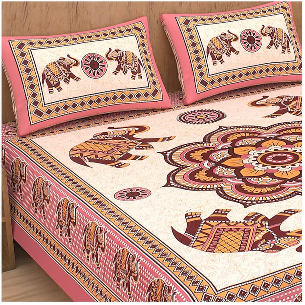 Cotton Double Bedsheet With Pillow Covers Jaipuri Print - Peach - front_view