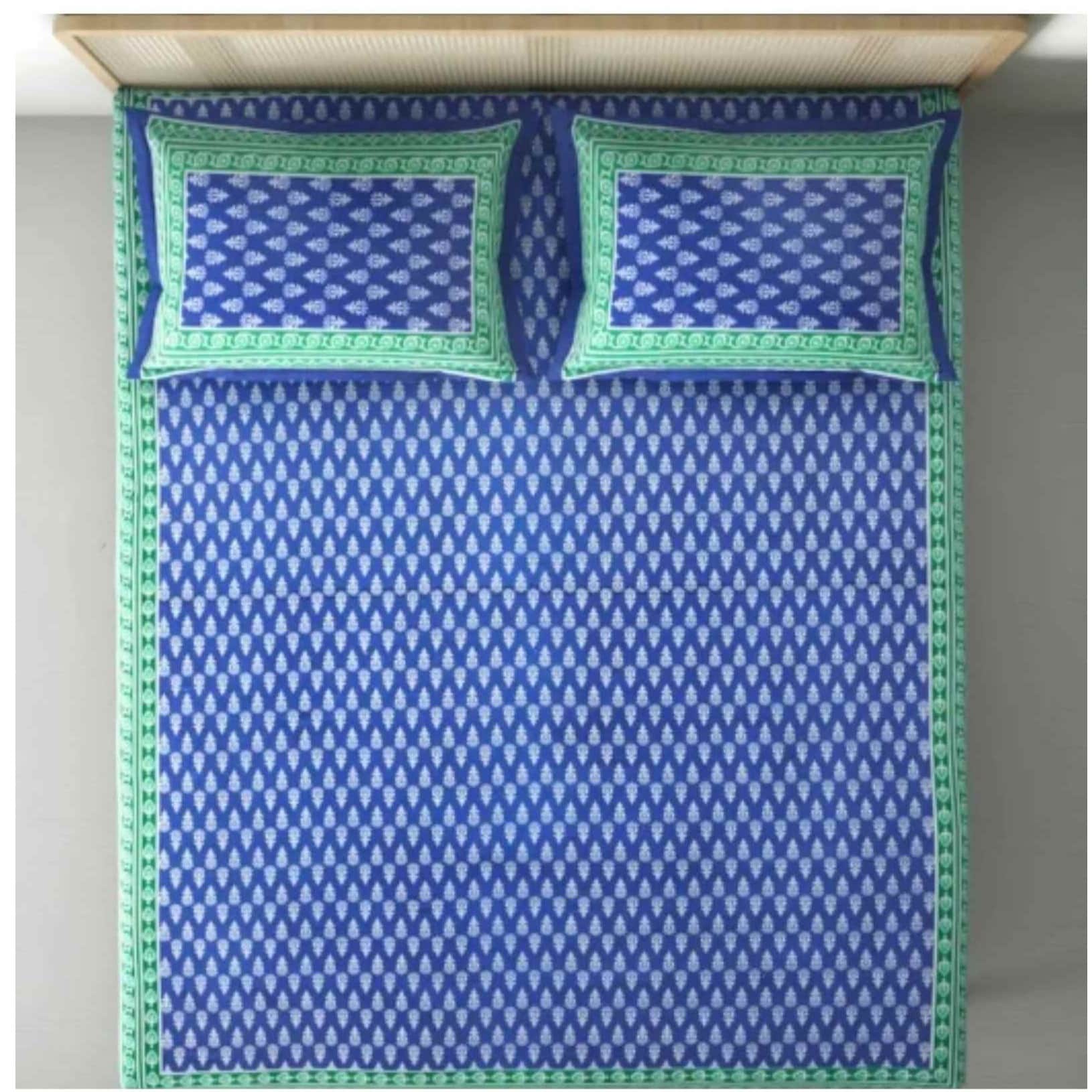 Cotton Double Bedsheet With Pillow Covers Jaipuri Print - Blue - top_view