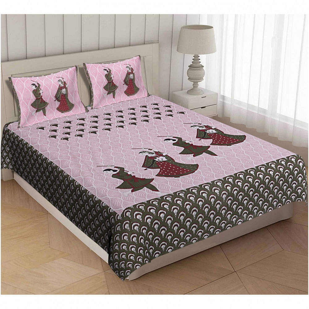 Double Bedsheet With Pillow Covers Jaipuri Print - Pink - photo