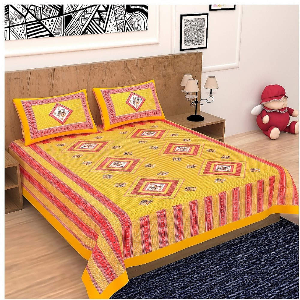 Cotton Double Bedsheet With Pillow Covers Jaipuri Print - Yellow - photo