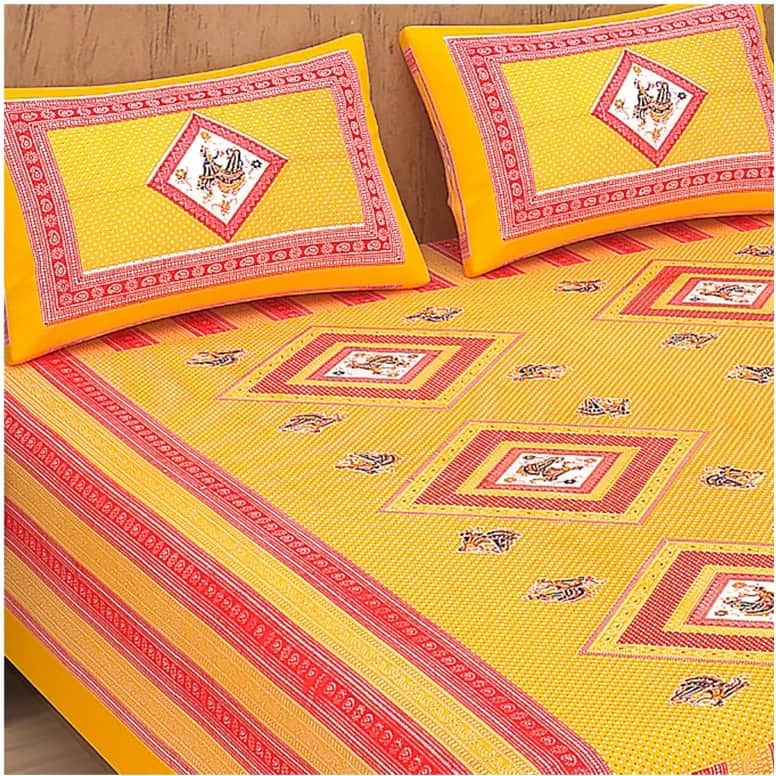 Cotton Double Bedsheet With Pillow Covers Jaipuri Print - Yellow - front_view