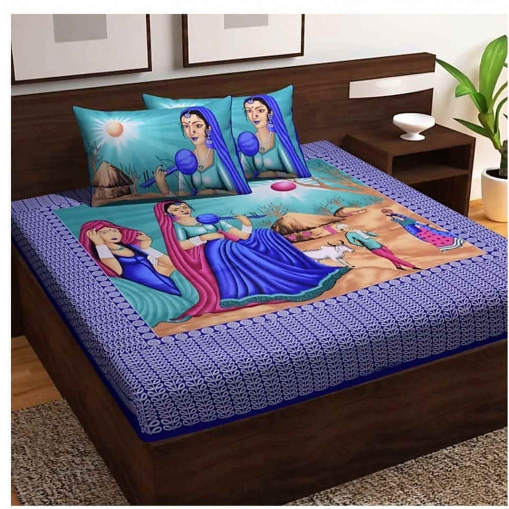 Cotton Double Bedsheet With Pillow Covers Jaipuri Print - Purple - photo