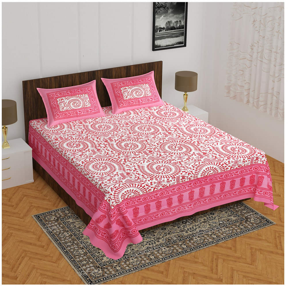 Cotton Double Bedsheet With Pillow Covers Jaipuri Print - Pink - photo