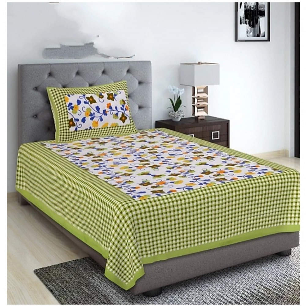 Pure Cotton Single Bedsheet With Pillow Cover - Green - photo