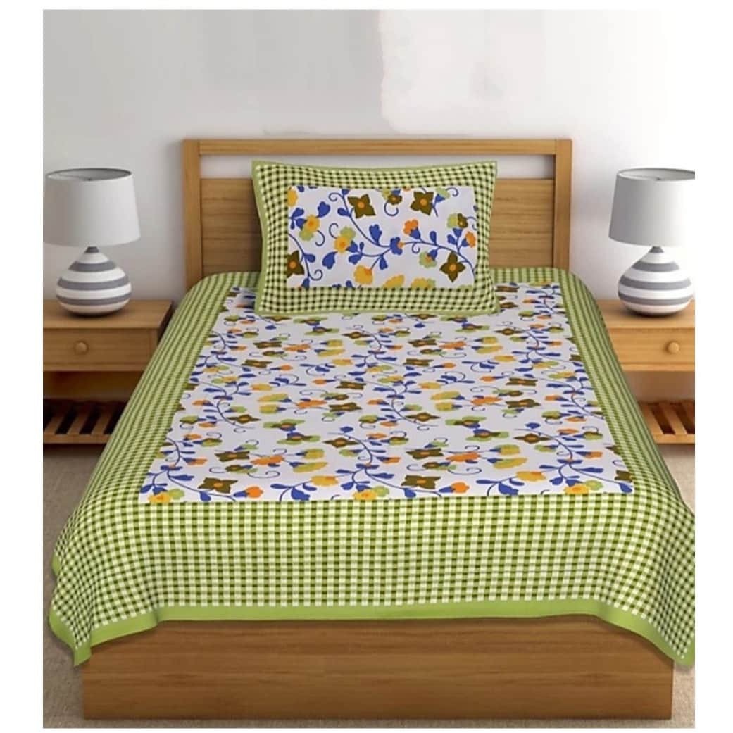Pure Cotton Single Bedsheet With Pillow Cover - Green - front_view