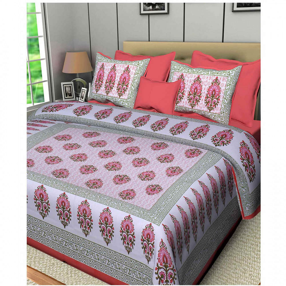 Cotton Double Bedsheet With Pillow Covers Jaipuri Print - Pink - photo