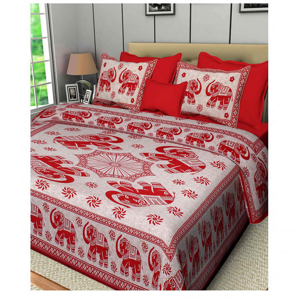 Cotton Double Bedsheet With Pillow Covers Jaipuri Print - Red - photo