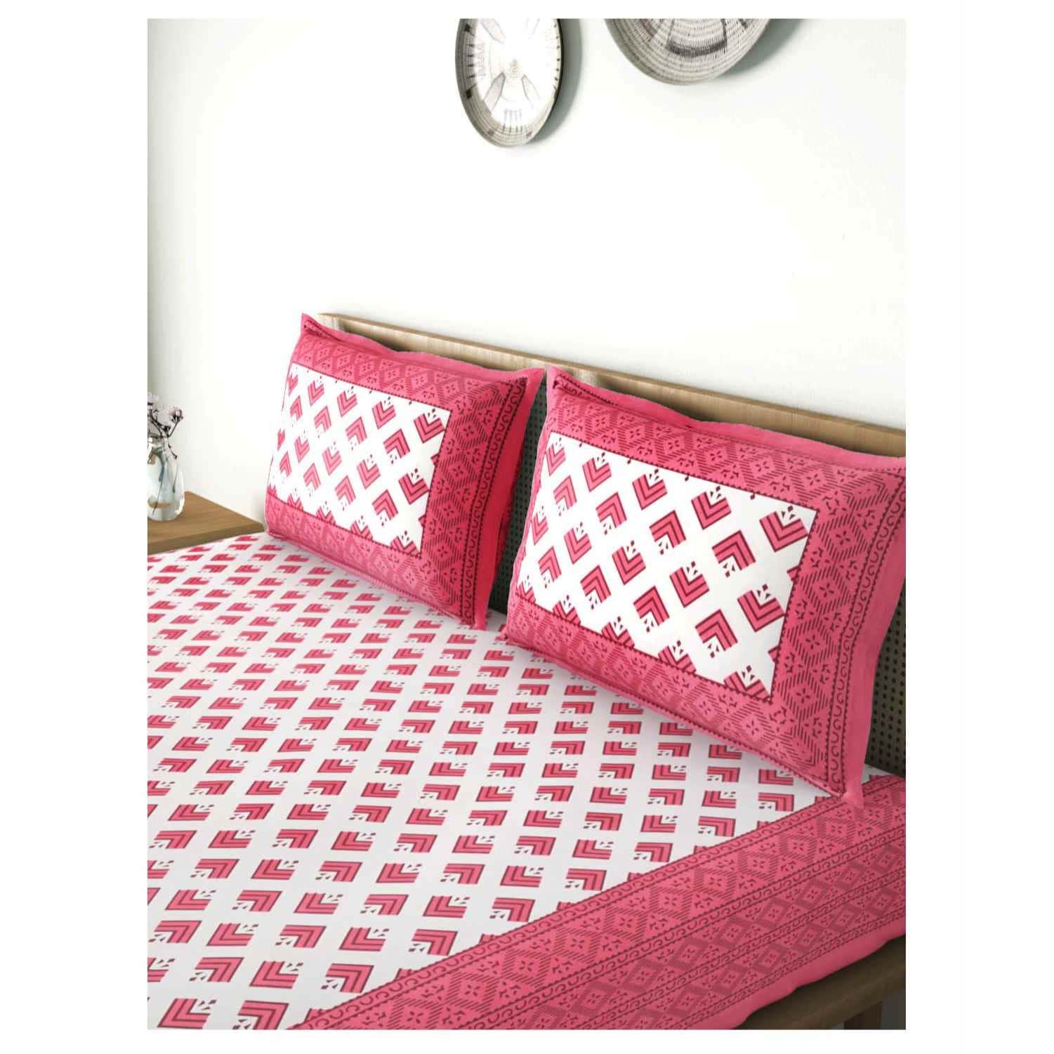 Pure Cotton Double Bedsheet with Pillow Covers - Pink - front_view