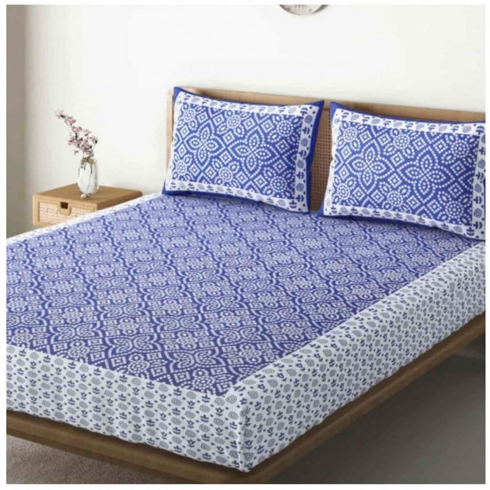 Cotton Double Bedsheet With Pillow Covers Jaipuri Print - Blue and White - photo