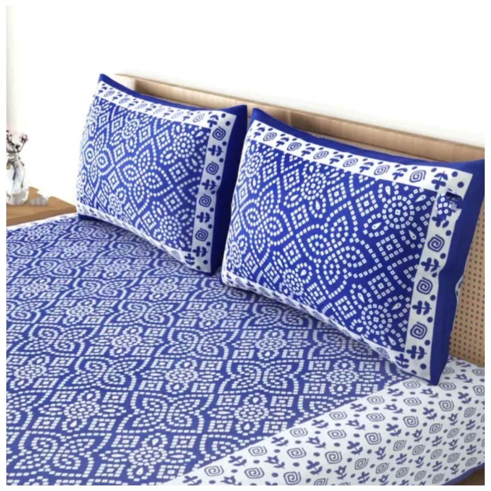 Cotton Double Bedsheet With Pillow Covers Jaipuri Print - Blue and White - front_view