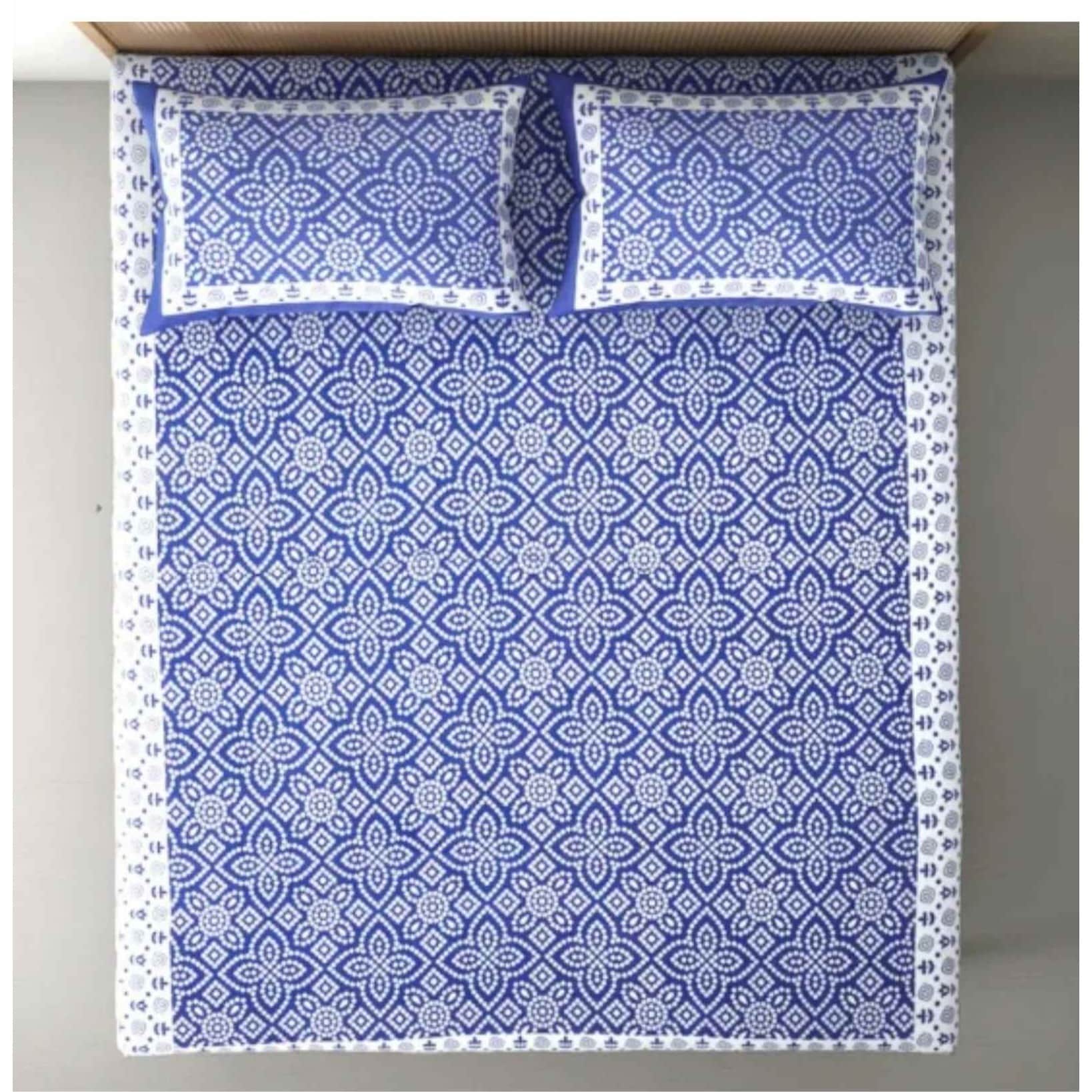 Cotton Double Bedsheet With Pillow Covers Jaipuri Print - Blue and White - top_view