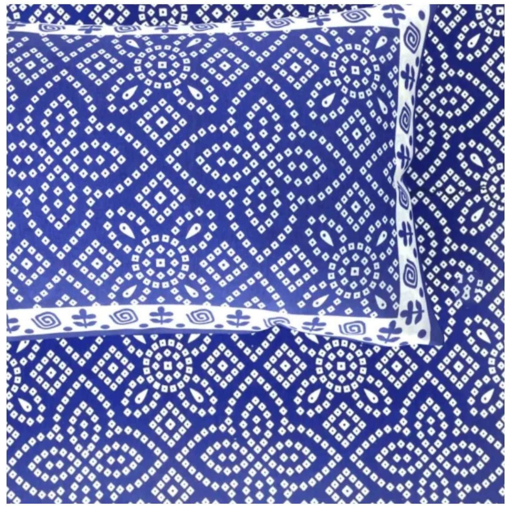 Cotton Double Bedsheet With Pillow Covers Jaipuri Print - Blue and White - rear_view