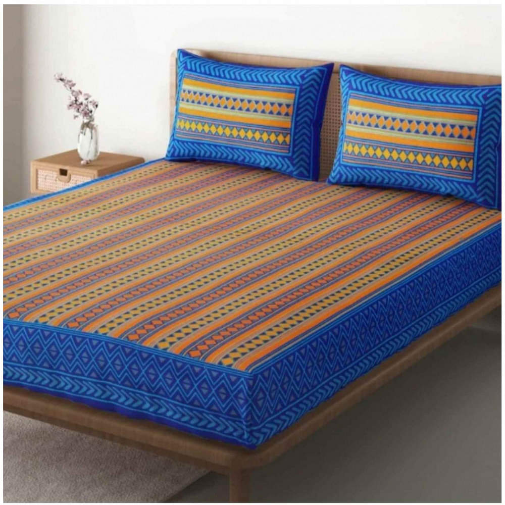 Cotton Double Bedsheet With Pillow Covers Jaipuri Print - Blue - photo