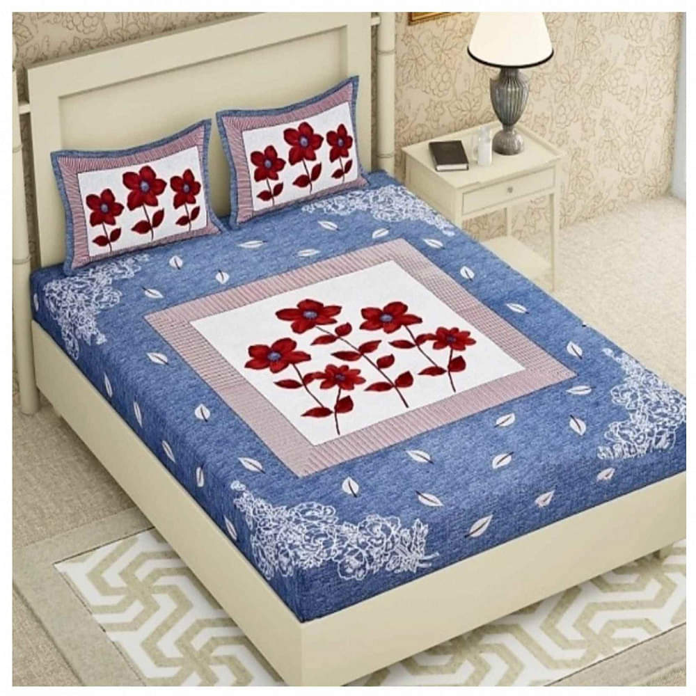 Cotton Double Bedsheet With Pillow Covers Jaipuri Print - Blue - photo