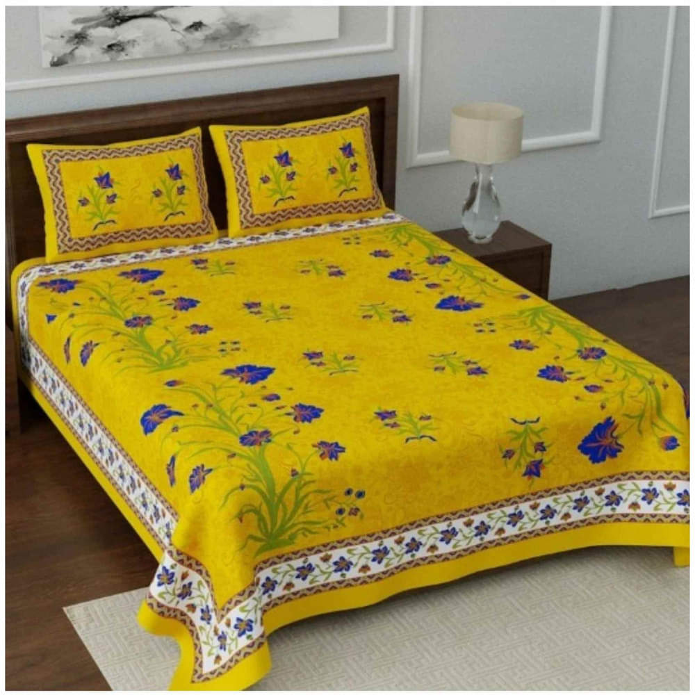 Cotton Double Bedsheet With Pillow Covers Jaipuri Print - Yellow - photo