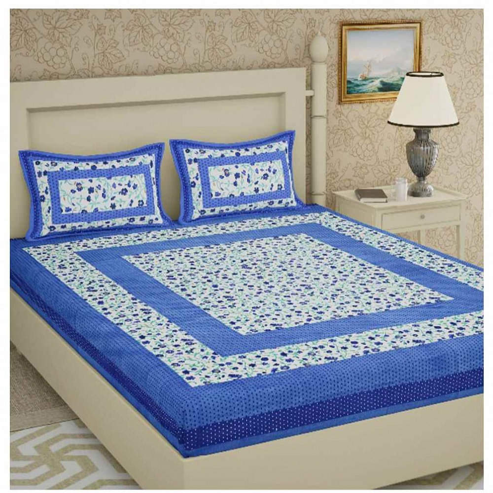 Cotton Double Bed Sheet With Pillow Covers Jaipuri Print -  Sky Blue - photo