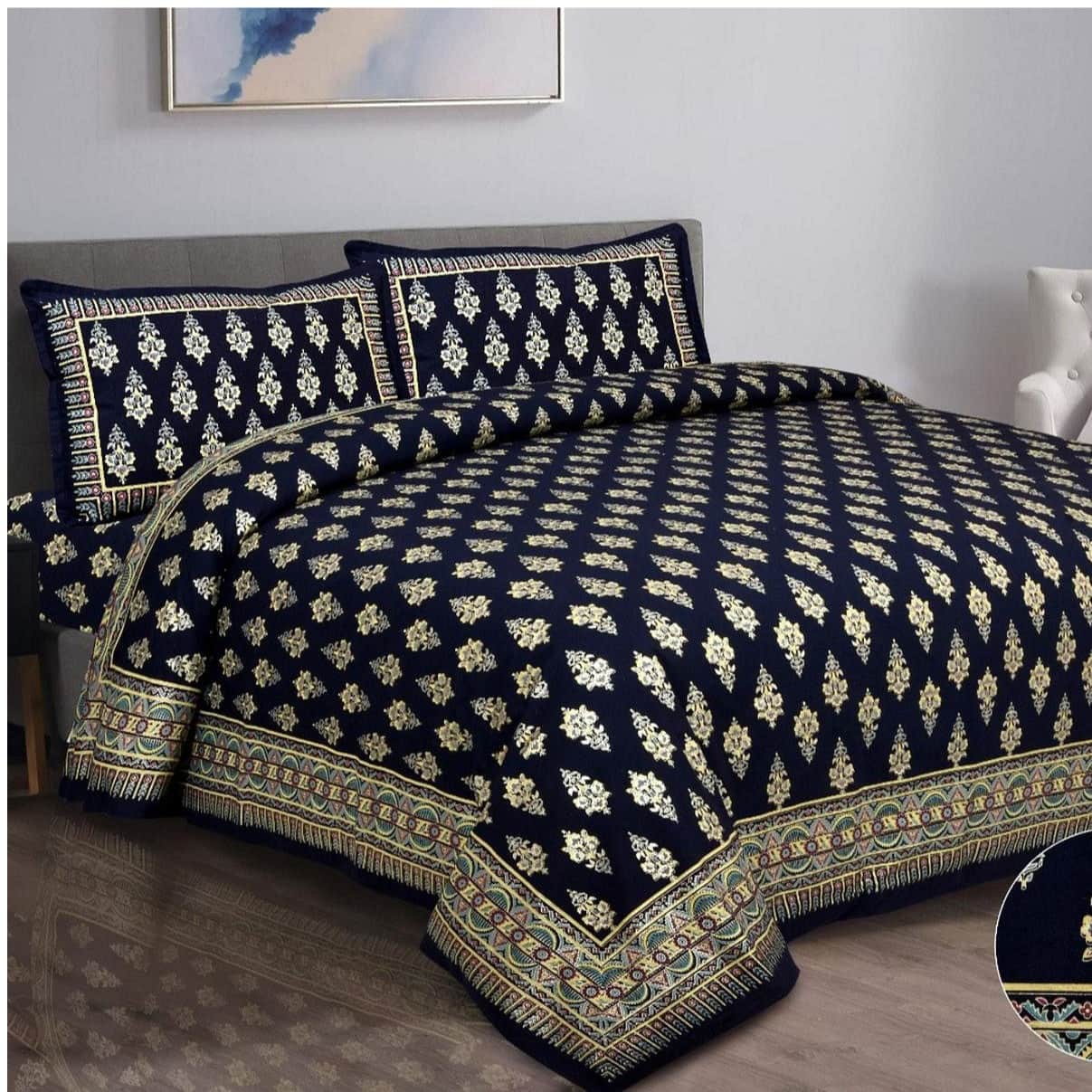 Pure Cotton Double Bedsheet with 2 Pillow Covers - Blue