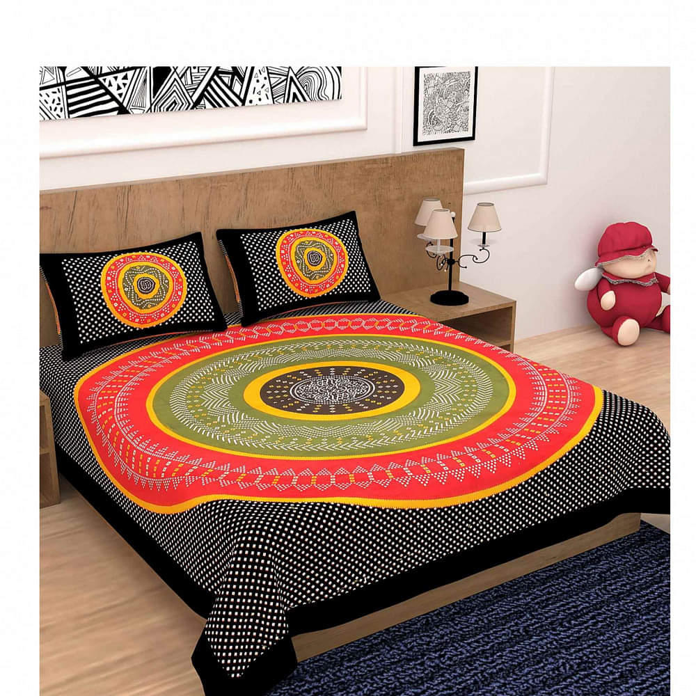 Cotton Double Bedsheet with Pillow Covers Jaipuri Print - Black - photo