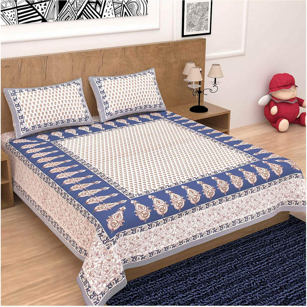 Cotton Double Bedsheet With Pillow Covers Jaipuri Print - Blue - photo