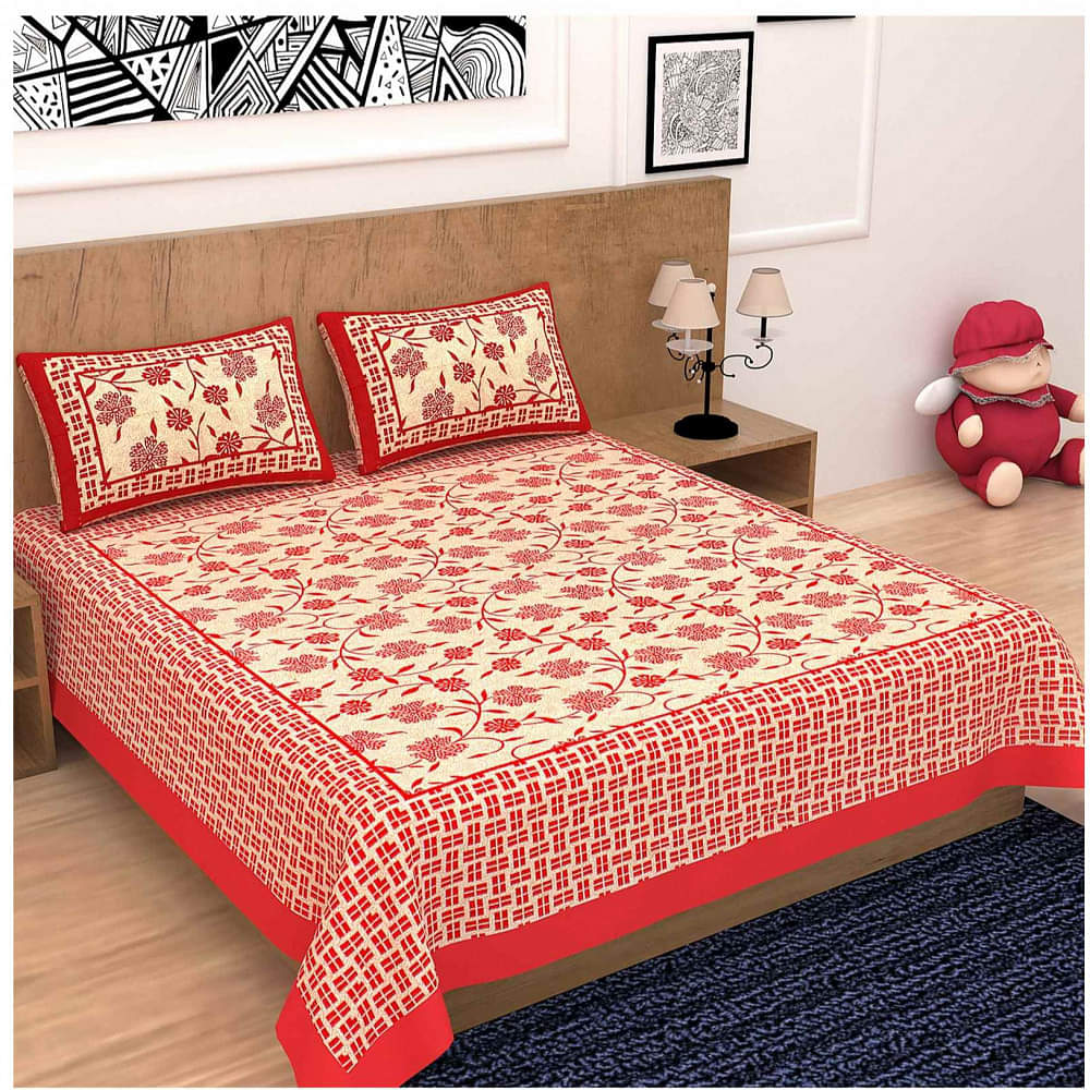 Cotton Double Bedsheet With Pillow Covers Jaipuri Print - Red - photo