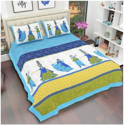 Pure Cotton Jaipuri Double Bedsheet with Pillow Covers - Multicolor