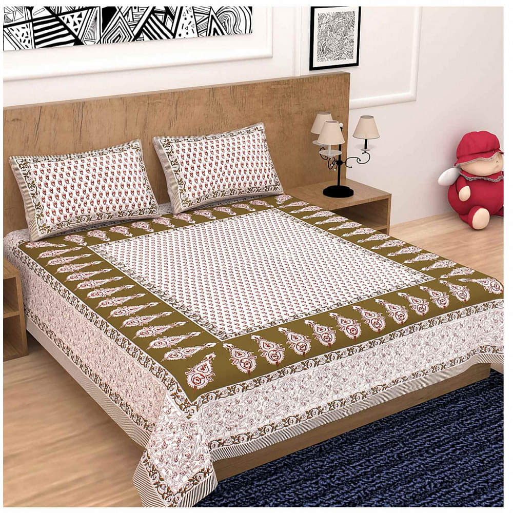 Cotton Double Bedsheet With Pillow Covers Jaipuri Print - Green - photo