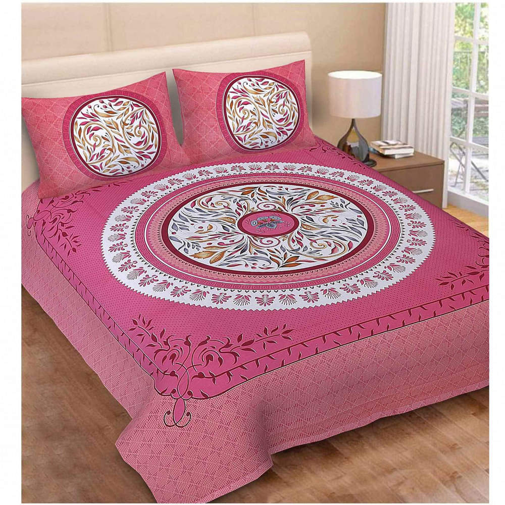 Pure Cotton Double Bedsheet with Pillow Covers Floral Print - Pink - photo