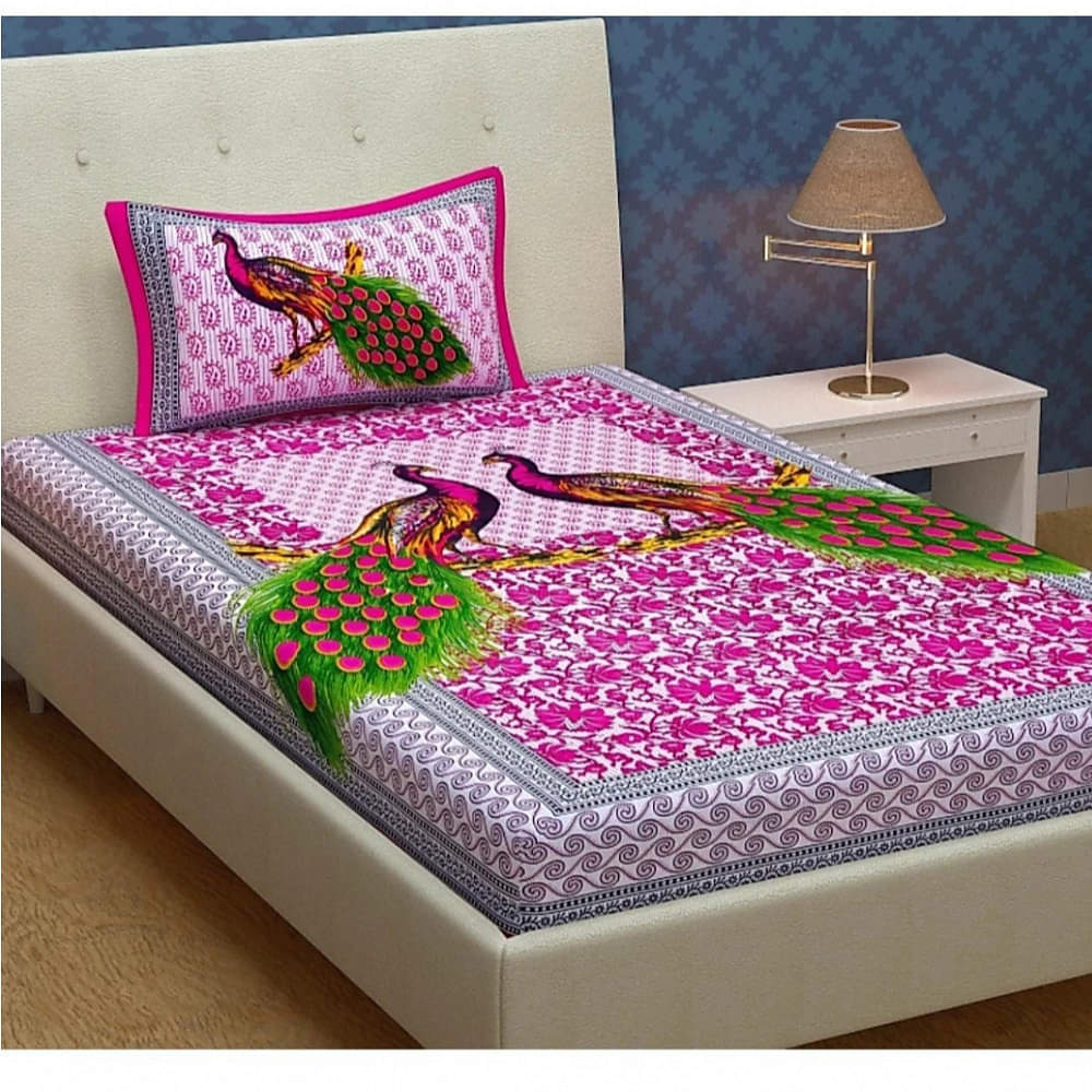 Pure Cotton Single Bedsheet with Pillow Cover Jaipuri Print - Pink - photo