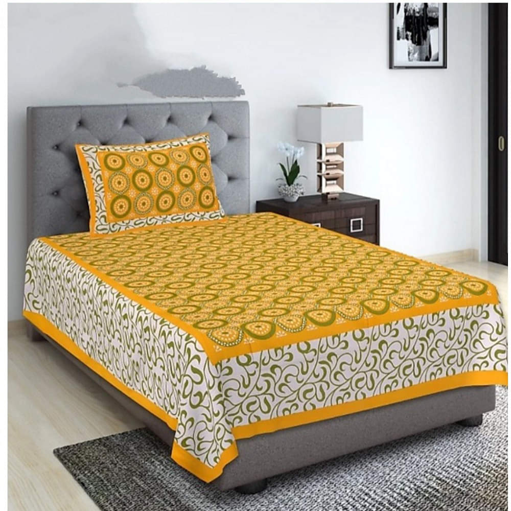 Pure Cotton Single Bedsheet With Pillow Cover Circular Prints - Yellow - photo