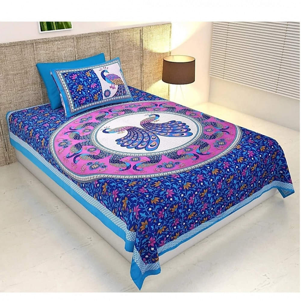 Pure Cotton Single Bedsheet with Pillow Cover Jaipuri Print - Blue - photo