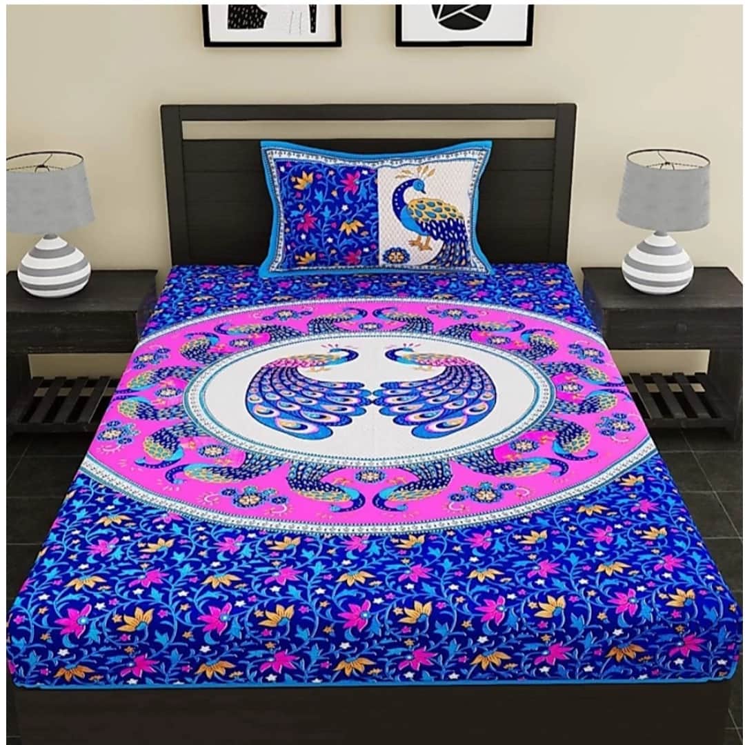 Pure Cotton Single Bedsheet with Pillow Cover Jaipuri Print - Blue - front_view