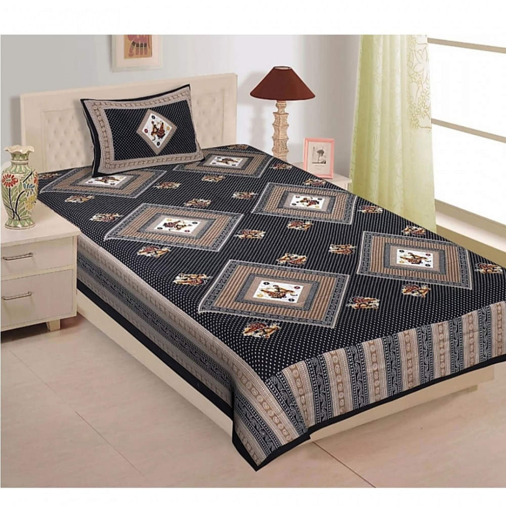Pure Cotton Single Size Bedsheet with 1 Pillow Cover - Black - photo