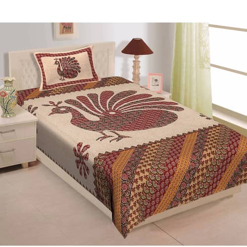 Pure Cotton Jaipuri Print Single Bedsheet With Pillow Cover - Multicolour